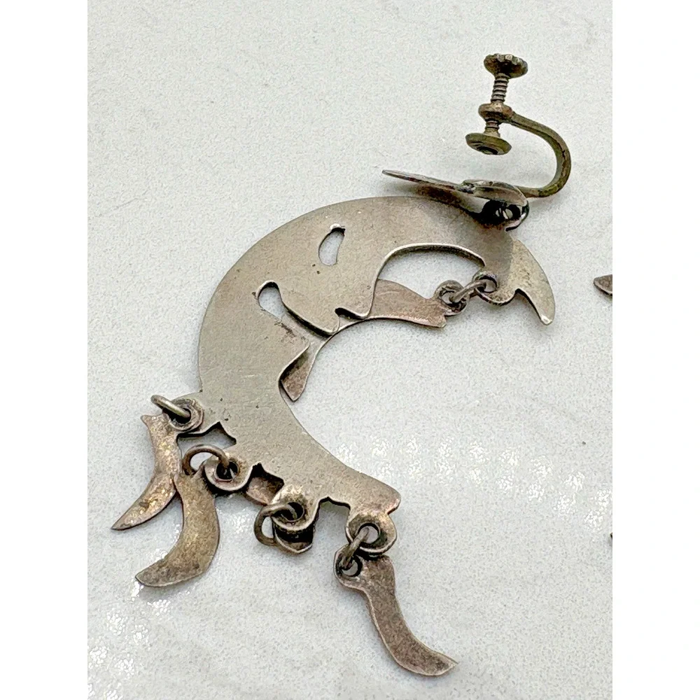 Sterling Silver Crescent Smiling Moon Dangle Screwback Earrings Signed 16.4g